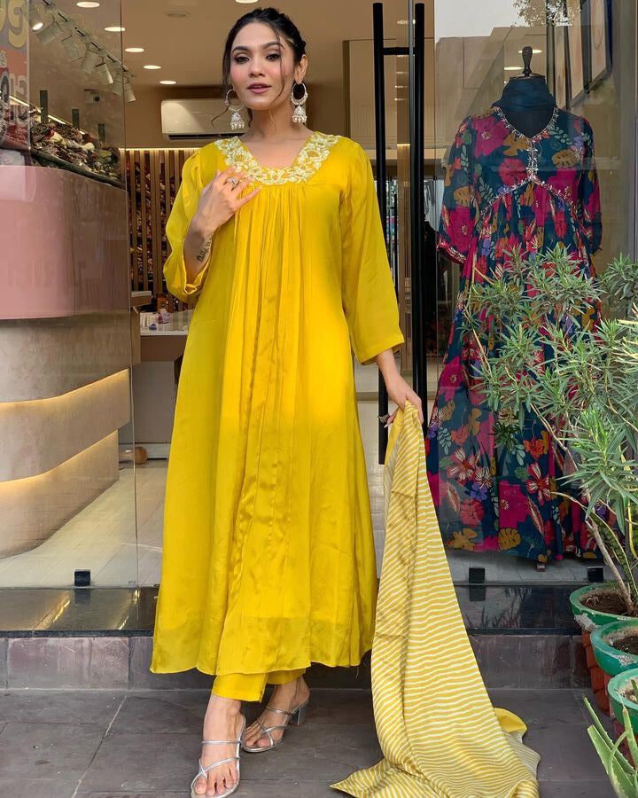 YELLOW CHINON LEHERIYA DUPATTA SUIT SET