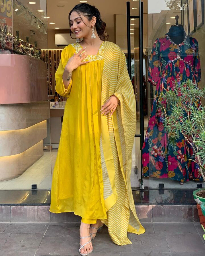 YELLOW CHINON LEHERIYA DUPATTA SUIT SET