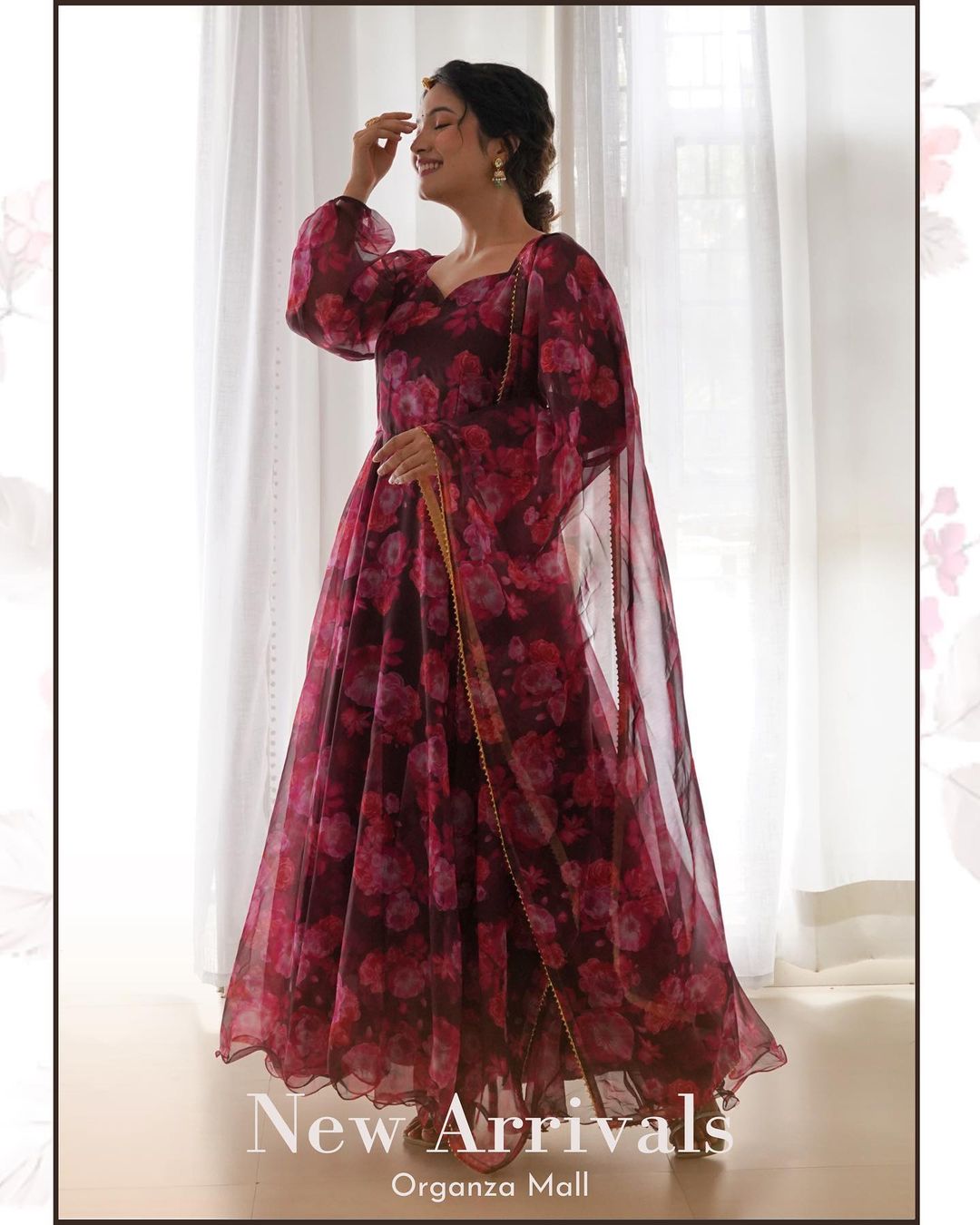 Brown Pink Floral Digital Printed Organza Silk Gown Set