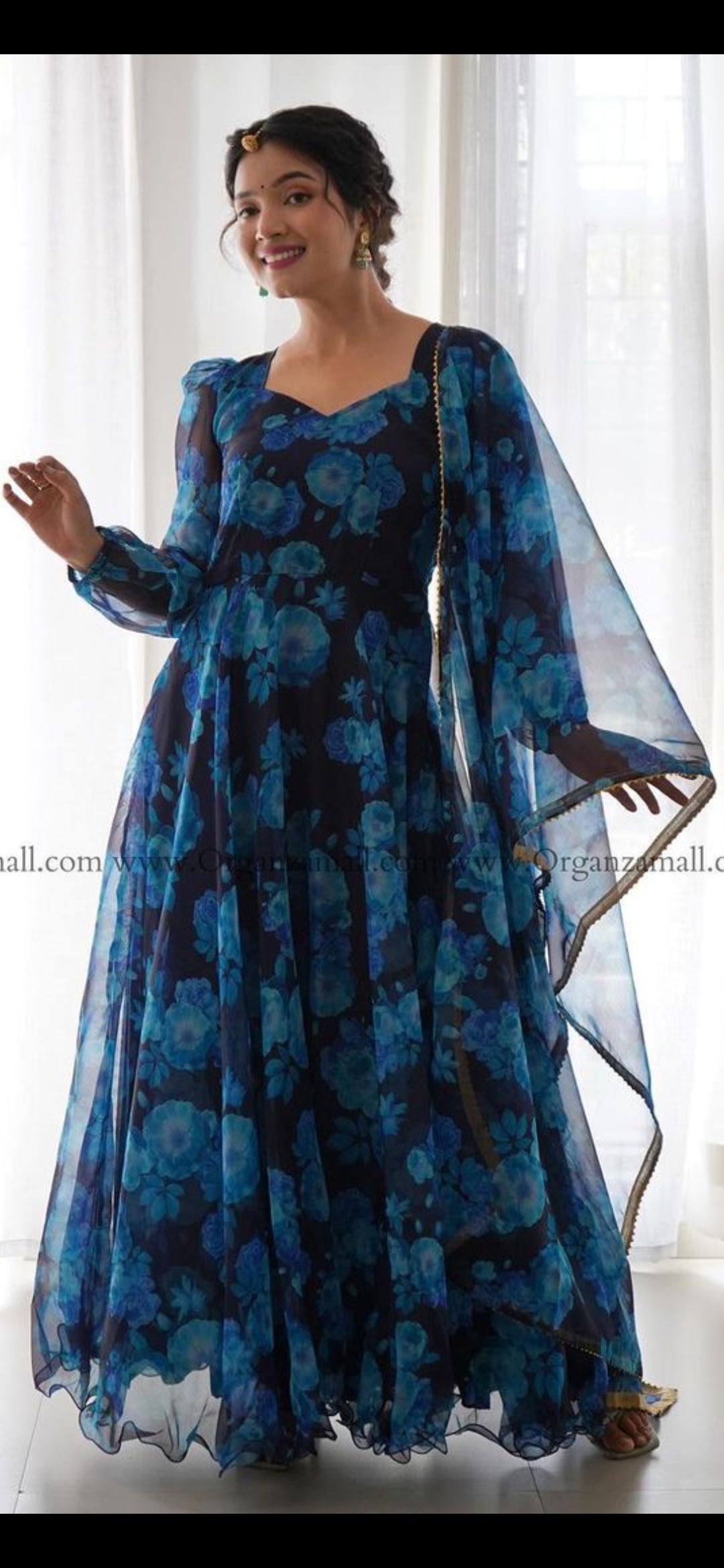 Navy Blue Flower Digital Printd Organza Silk Gown Set