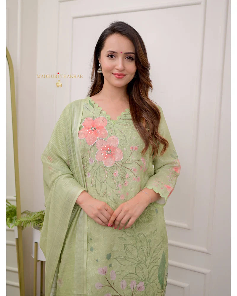 Green Schiffli Handwork Linen Suit