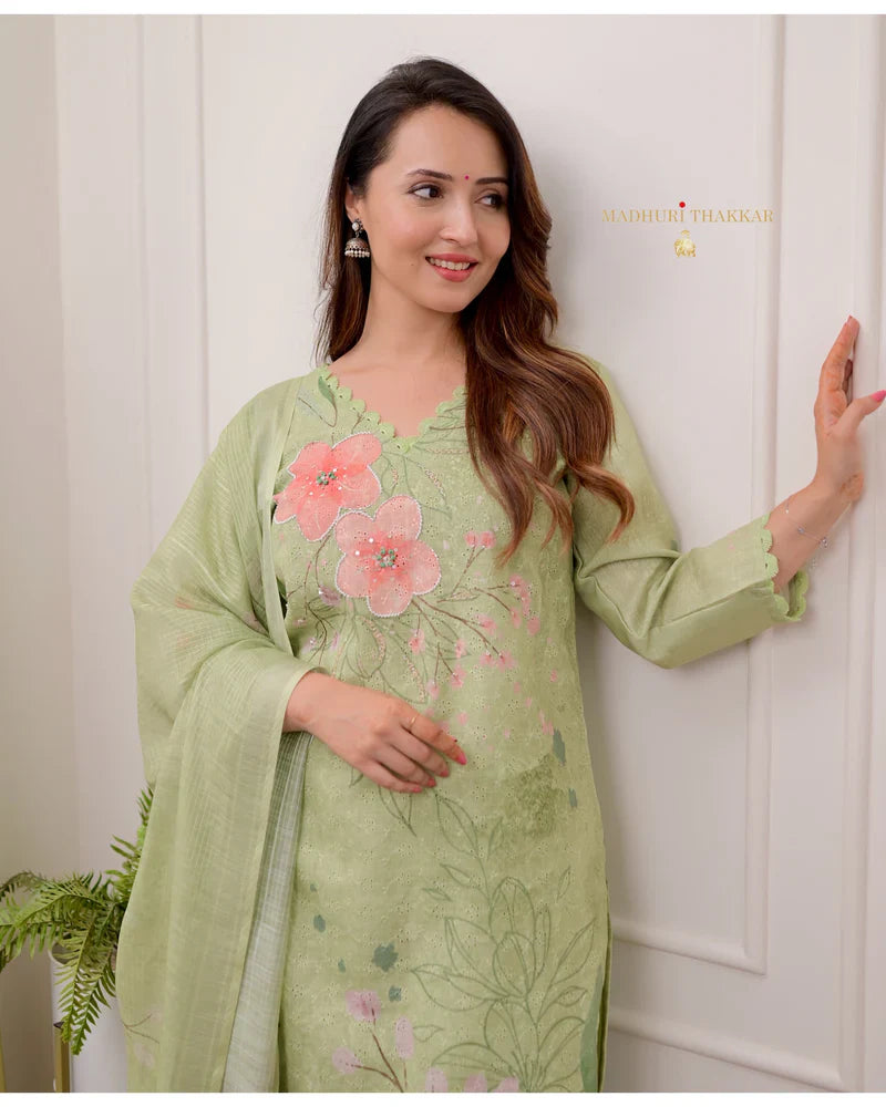 Green Schiffli Handwork Linen Suit