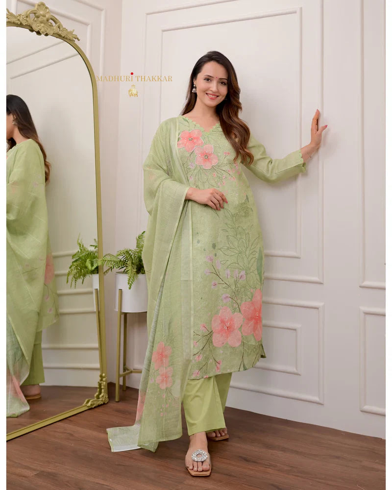 Green Schiffli Handwork Linen Suit