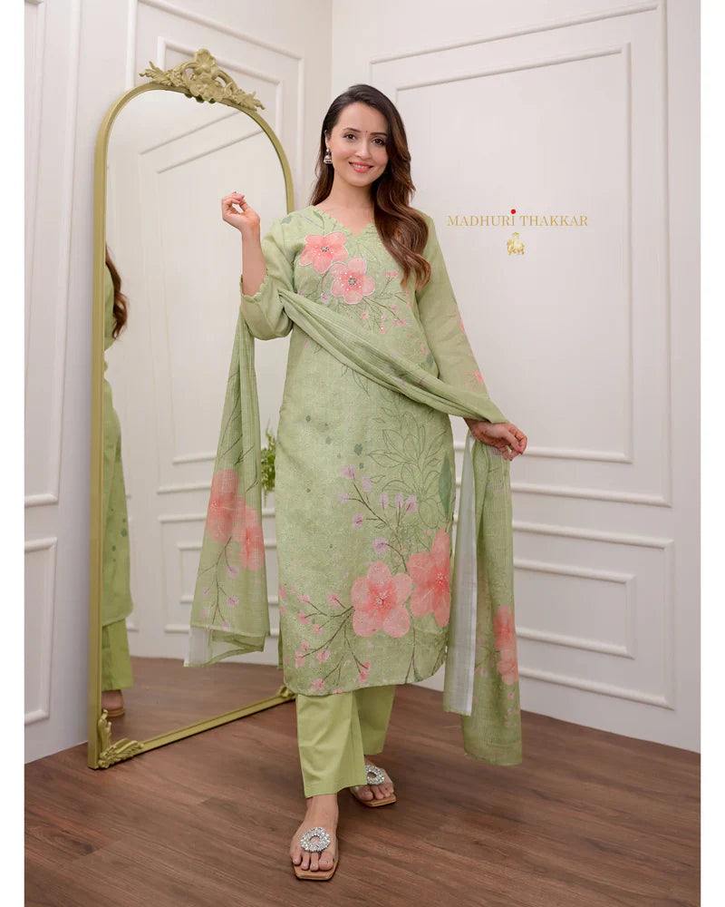 Green Schiffli Handwork Linen Suit