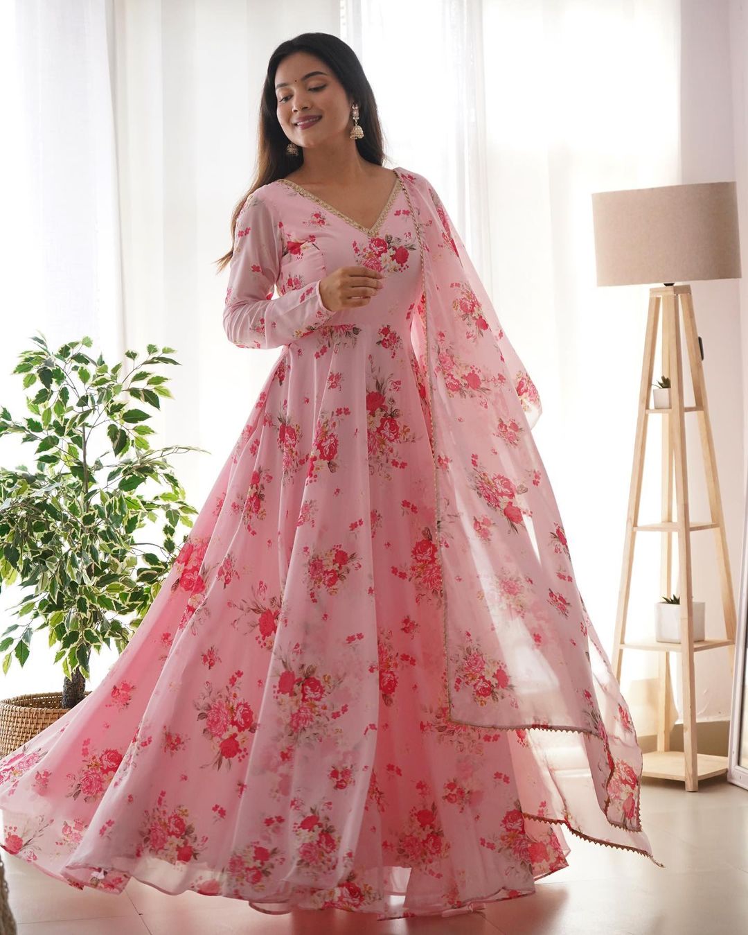 Women Floral Print Georgette Gown Kurta With Attached Dupatta