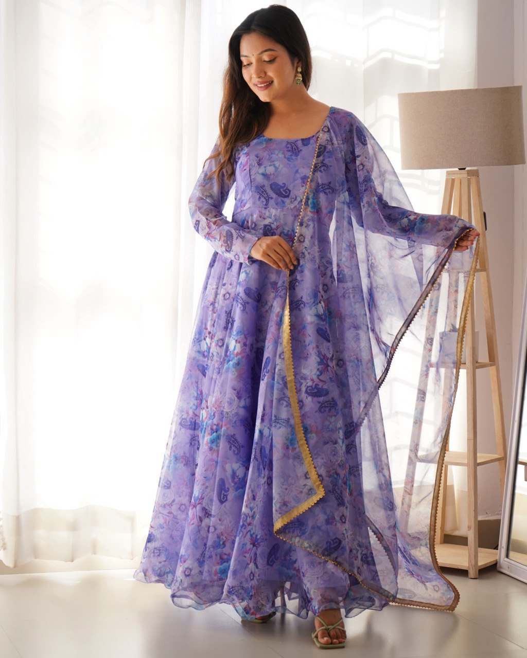 WOMEN FLORAL PRINT GEORGETTE GOWN KURTA WITH ATTACHED DUPATTA