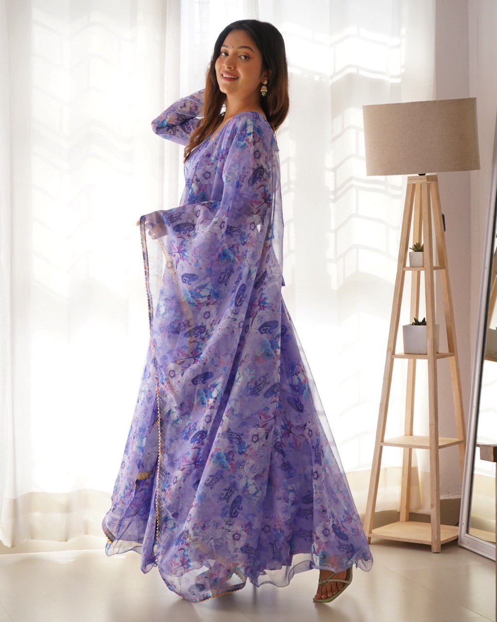 WOMEN FLORAL PRINT GEORGETTE GOWN KURTA WITH ATTACHED DUPATTA