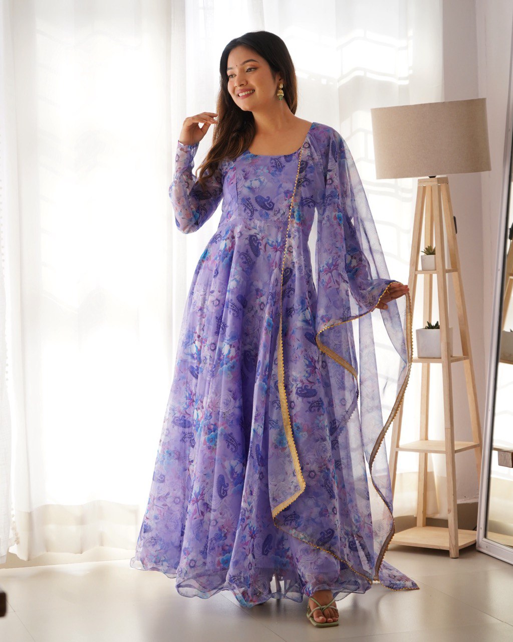 WOMEN FLORAL PRINT GEORGETTE GOWN KURTA WITH ATTACHED DUPATTA