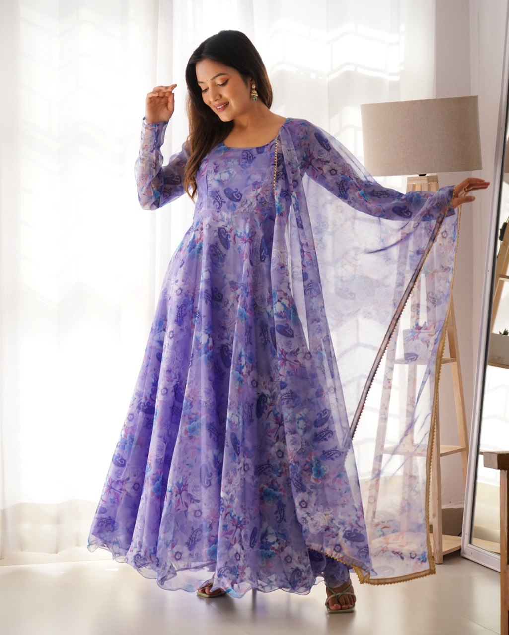 WOMEN FLORAL PRINT GEORGETTE GOWN KURTA WITH ATTACHED DUPATTA