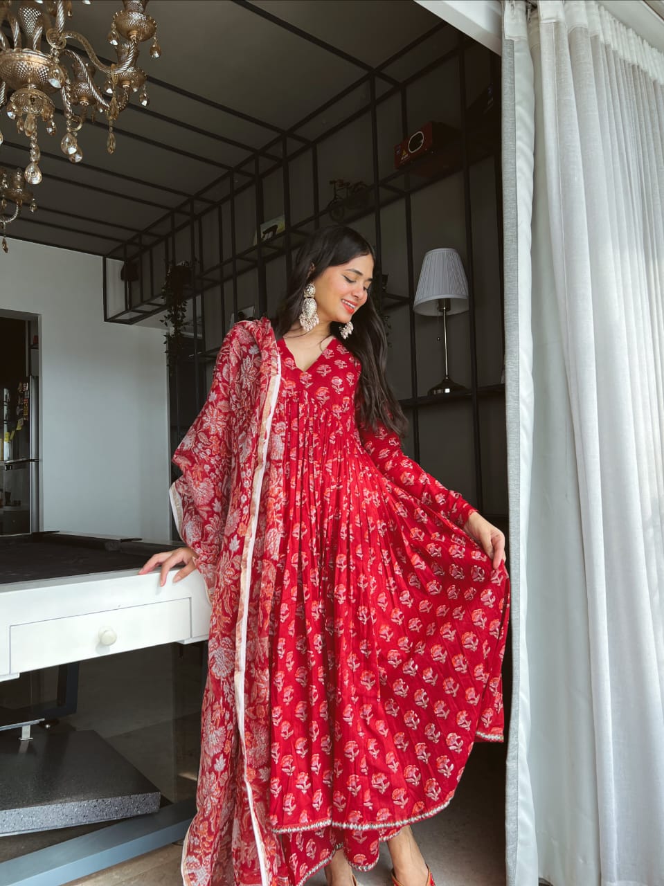 RED FLORAL PRINT ALIA CUT SUIT SET