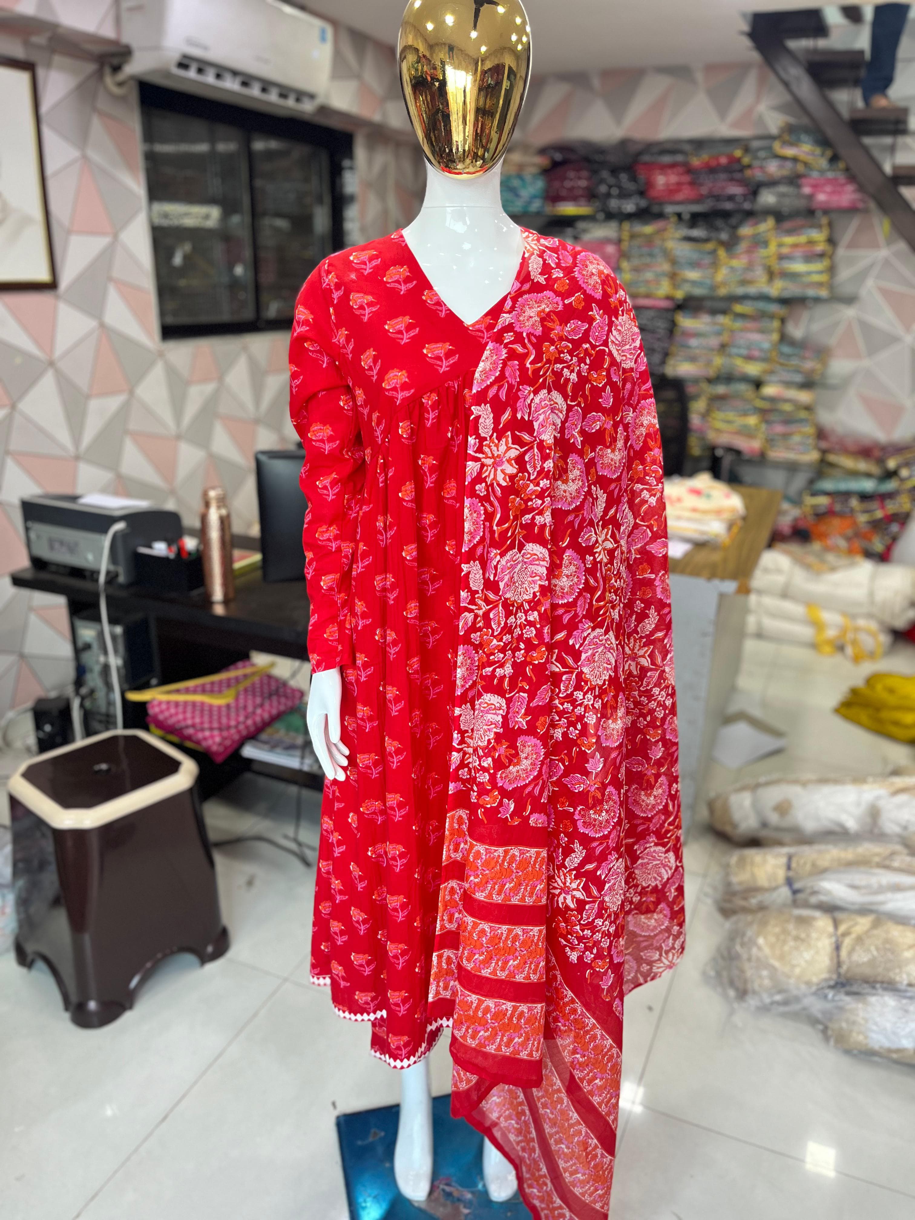 RED FLORAL PRINT ALIA CUT SUIT SET