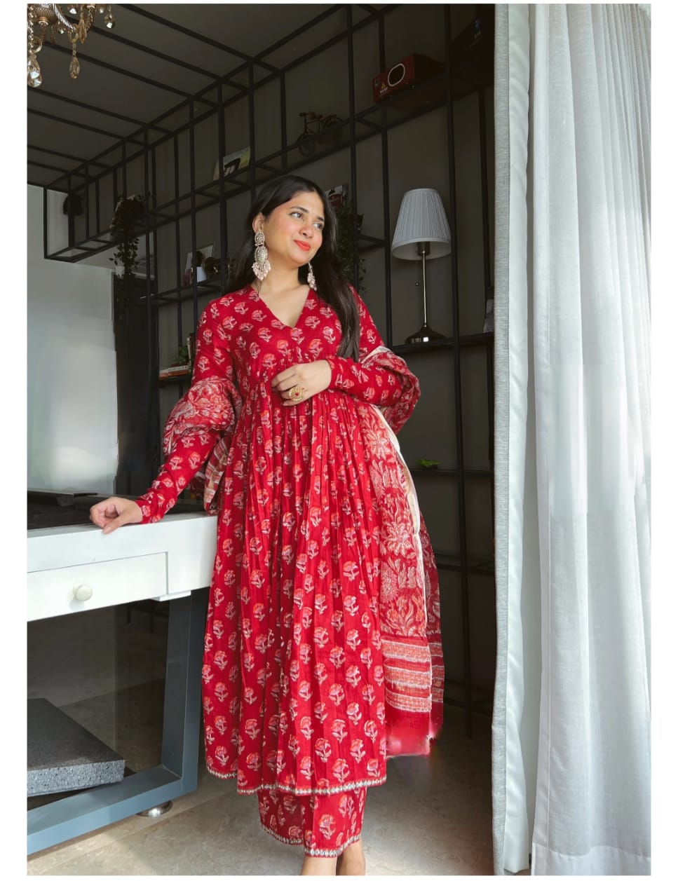 RED FLORAL PRINT ALIA CUT SUIT SET