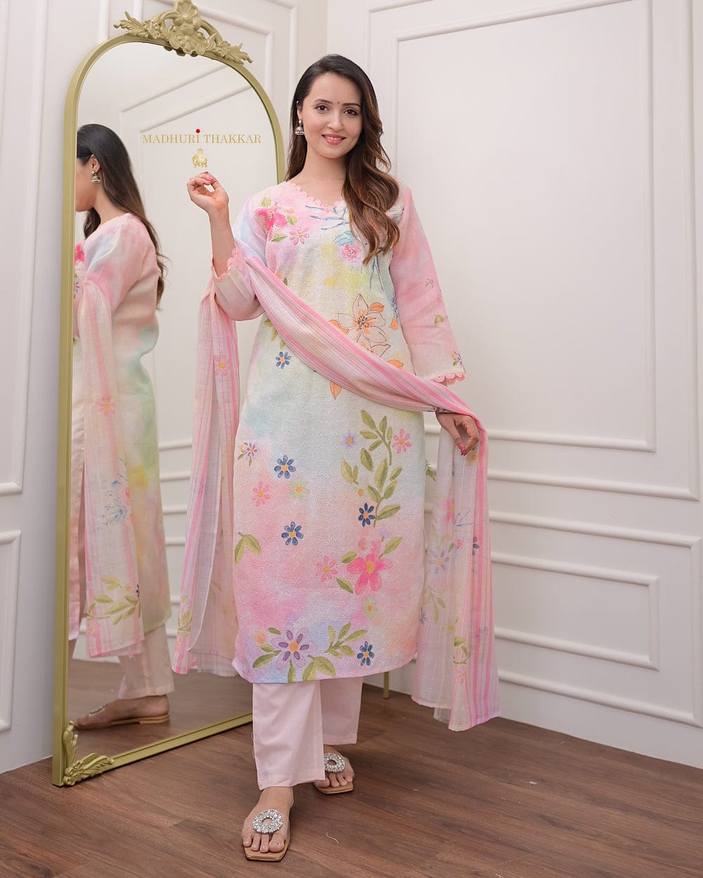 Pastel Floral Schiffli Handwork Linen Suit