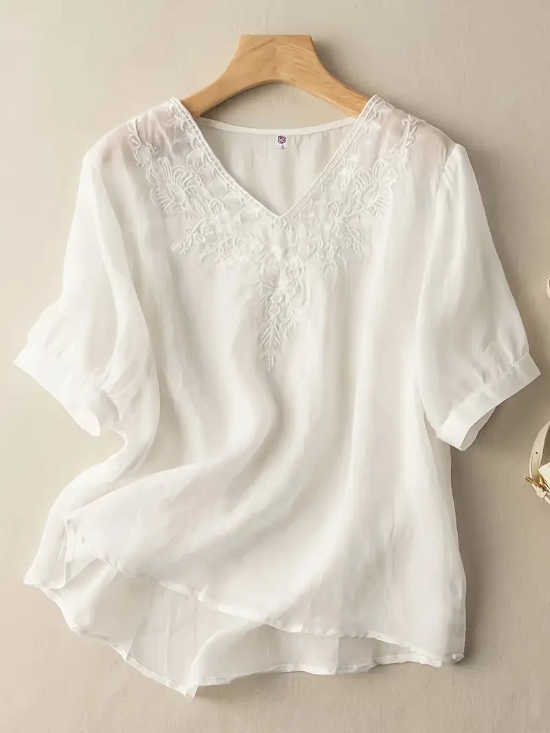 Vintage V Neck Embroidered 3/4 Sleeve Top