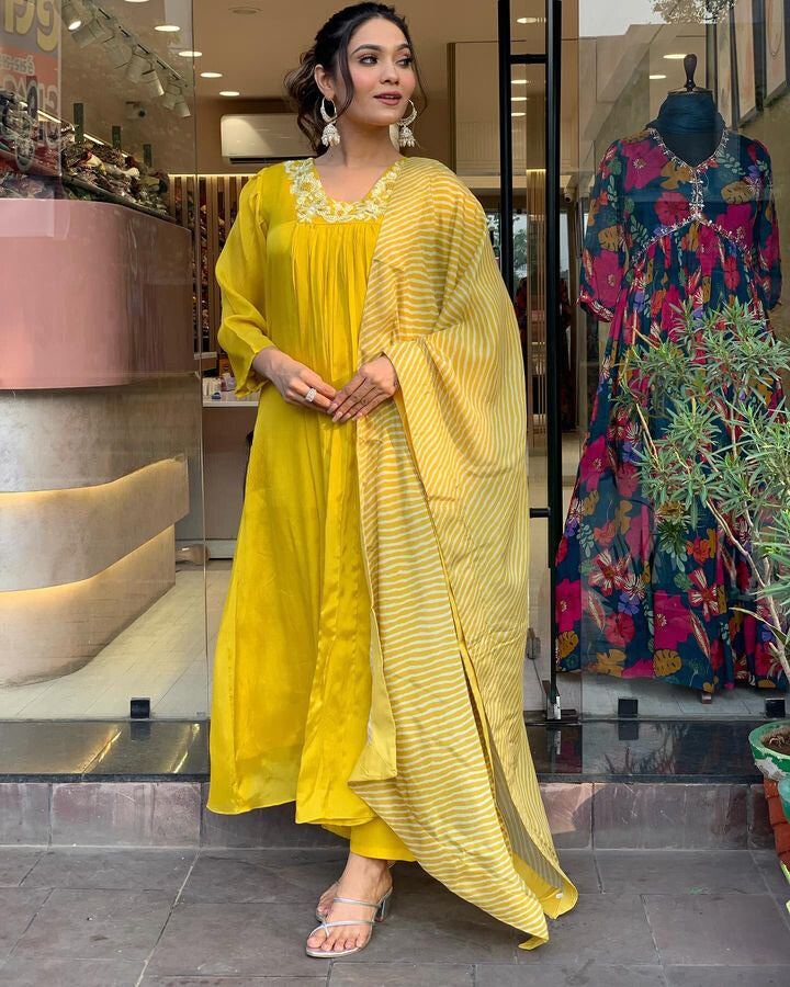 YELLOW CHINON LEHERIYA DUPATTA SUIT SET